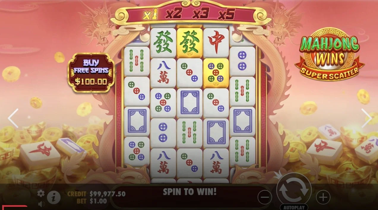 Mahjong Wins Super Scatter base game with mahjong tiles on 5-reel grid and x1 multiplier active