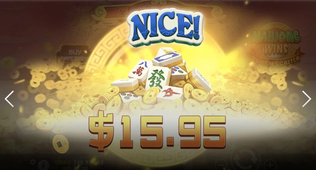 Nice win screen showing $15.95 payout with golden mahjong tiles cascading