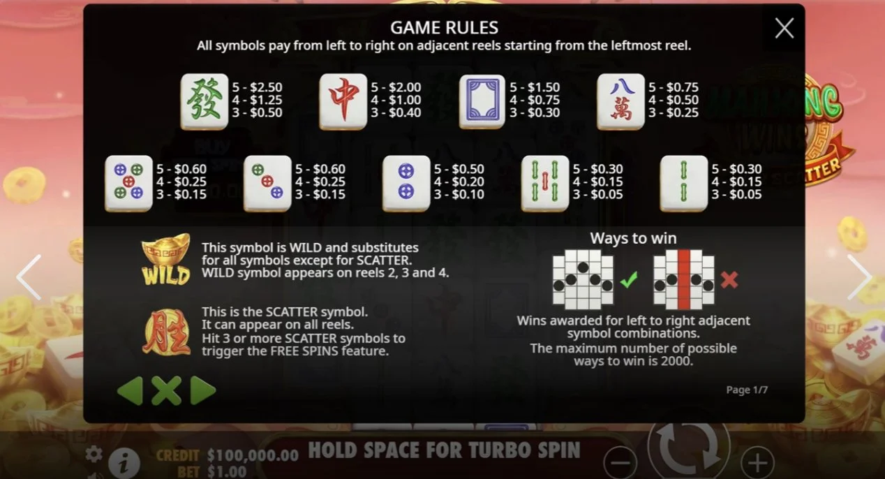 Mahjong Wins Super Scatter game rules showing symbol payouts wild and scatter information