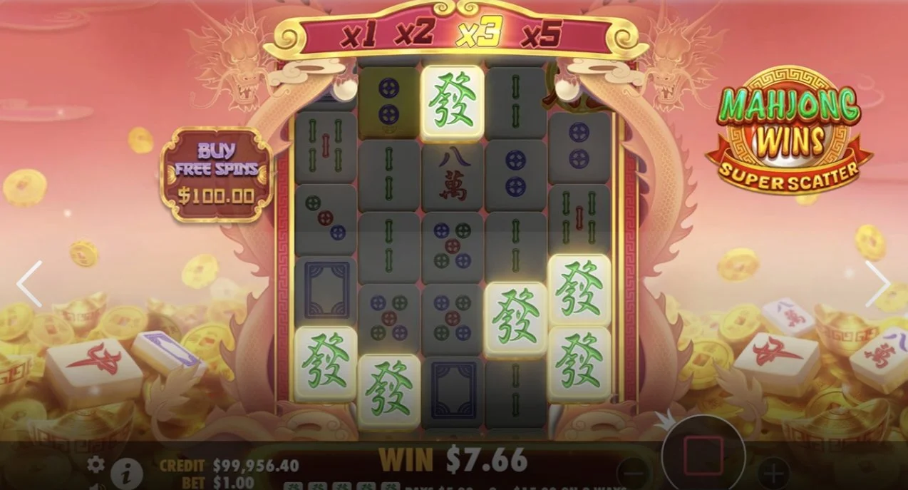 Tumble win with x3 multiplier active and multiple green tiles forming winning combination